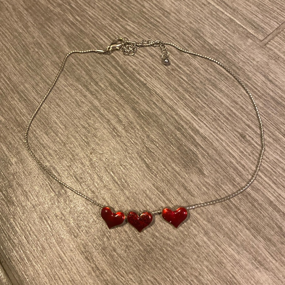 Delicate Silver Necklace with Three Red Heart Pendants – 20" – Adjustable